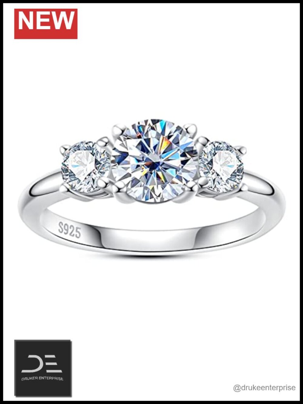 Moissanite Engagement Ring 3-Stone 925 Sterling Silver Anniversary Band